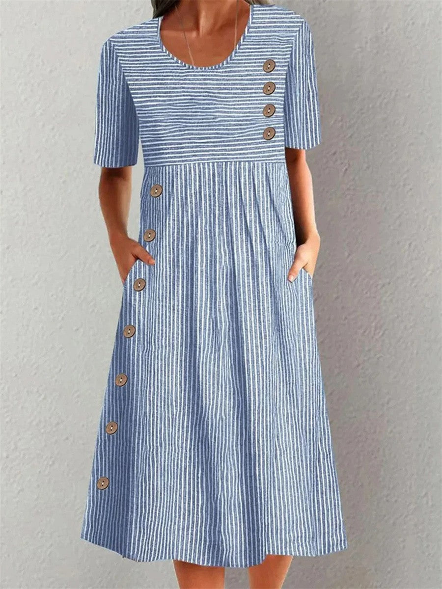 Striped Scoop Neck Short Sleeve Button Detail Midi Dress