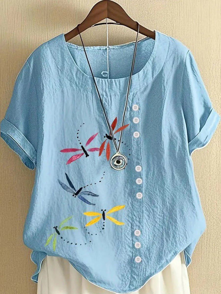 Dragonfly Print Round Neck Short Sleeve Button Top