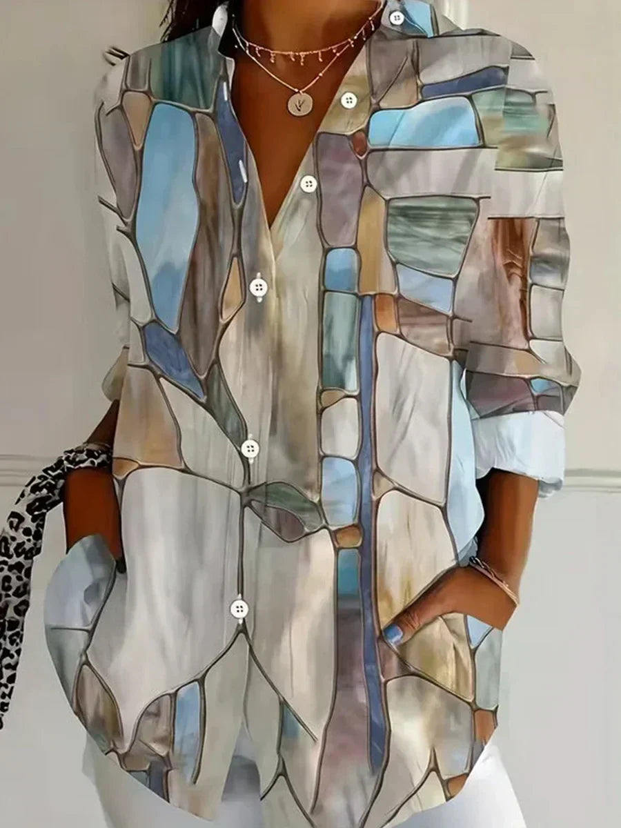 Abstract Geometric Print V-Neck Long Sleeve Blouse