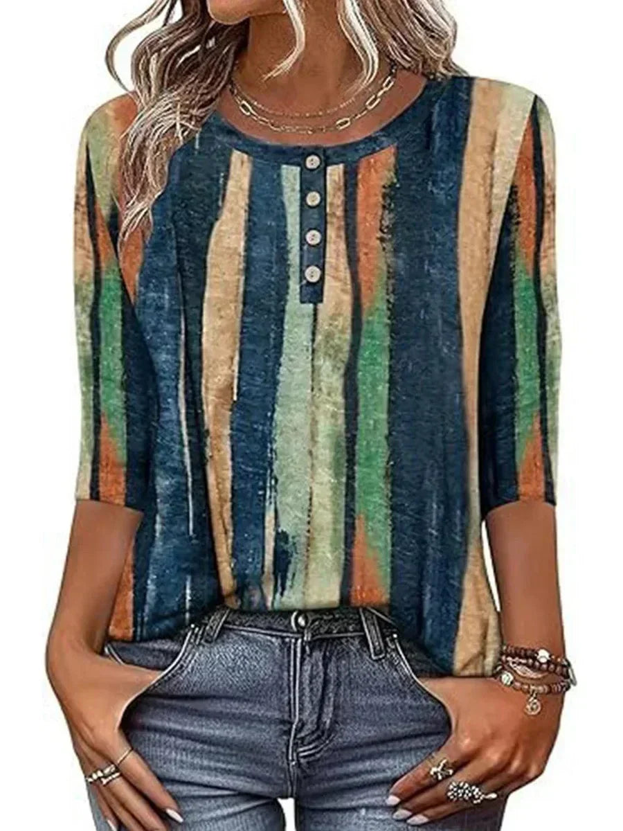 Striped Round Neck Button Placket Three Quarter Sleeve Top