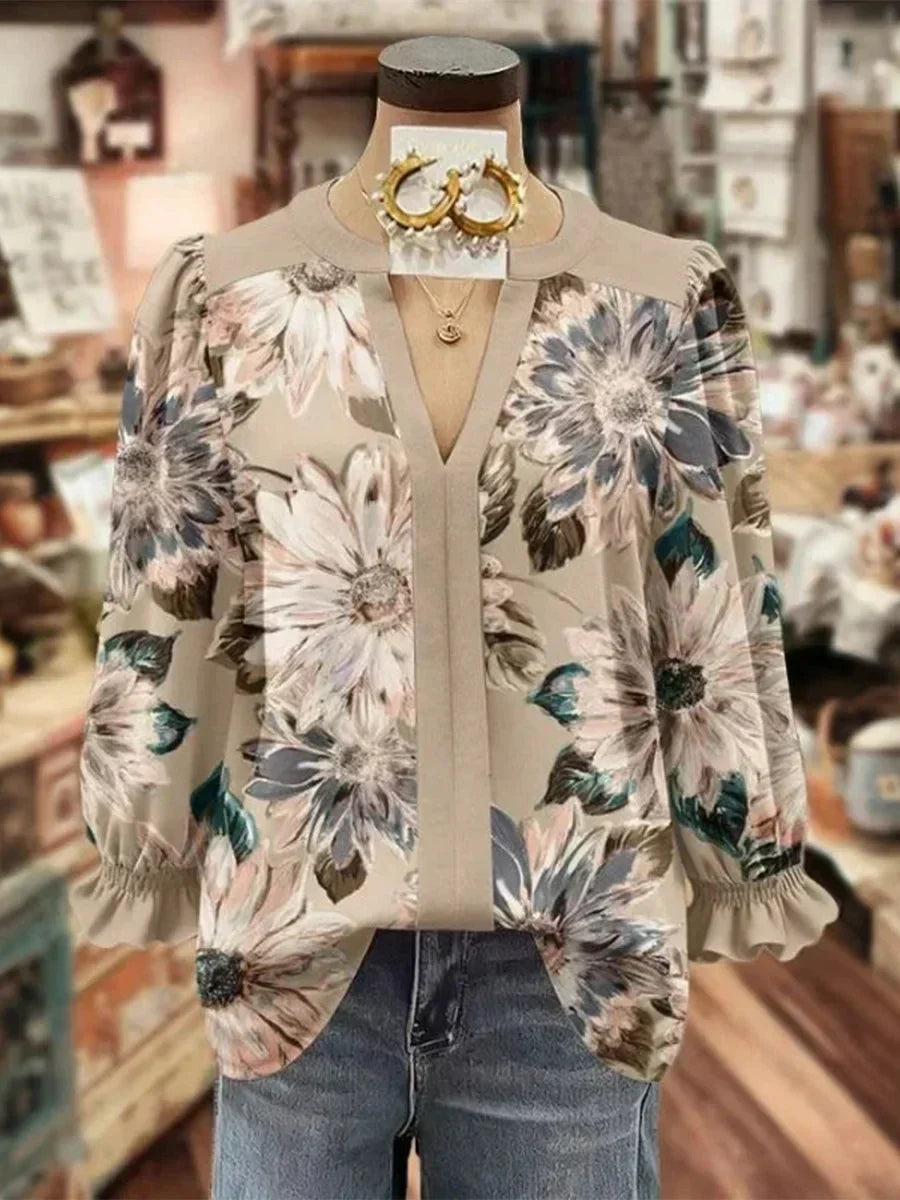 Floral Print V-Neck Ruffle Cuff Long Sleeve Blouse
