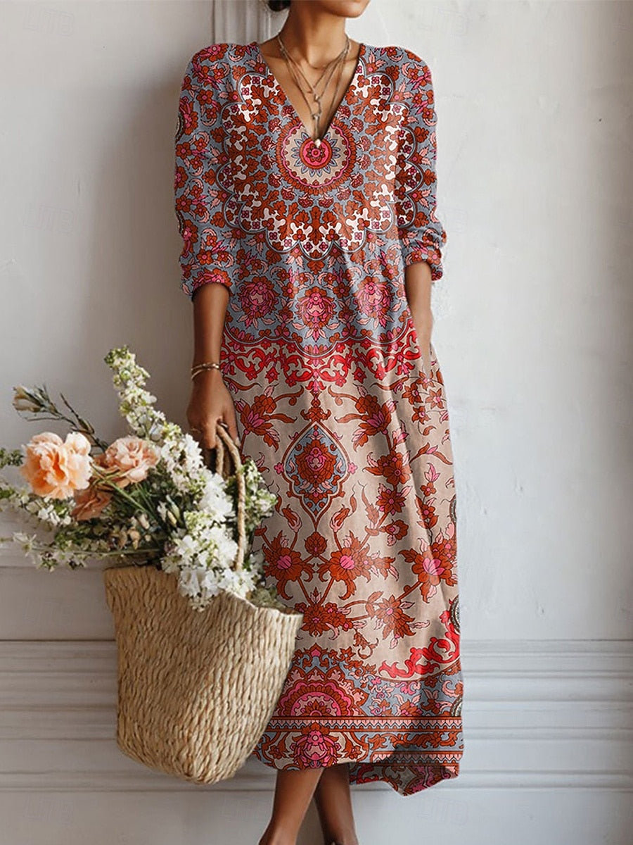 Ornate Floral Print V-Neck Long Sleeve Pocket Maxi Dress