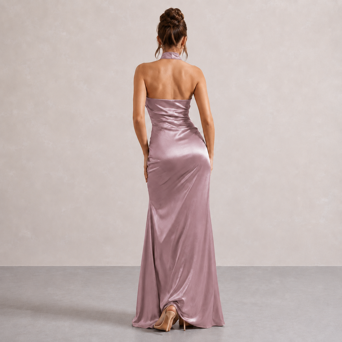 Satin Halter Neck Ruched High Split Mermaid Maxi Dress 9