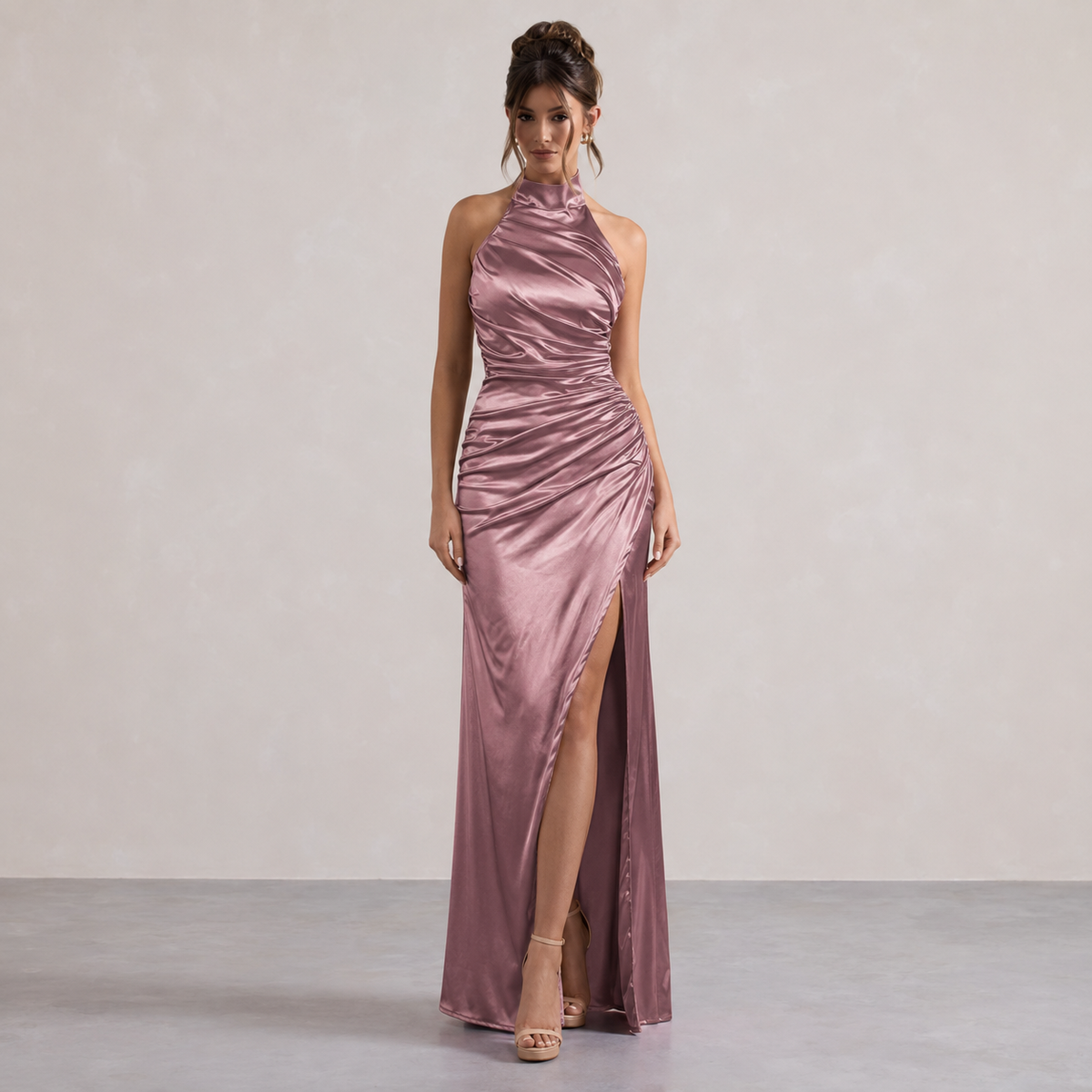Satin Halter Neck Ruched High Split Mermaid Maxi Dress 7