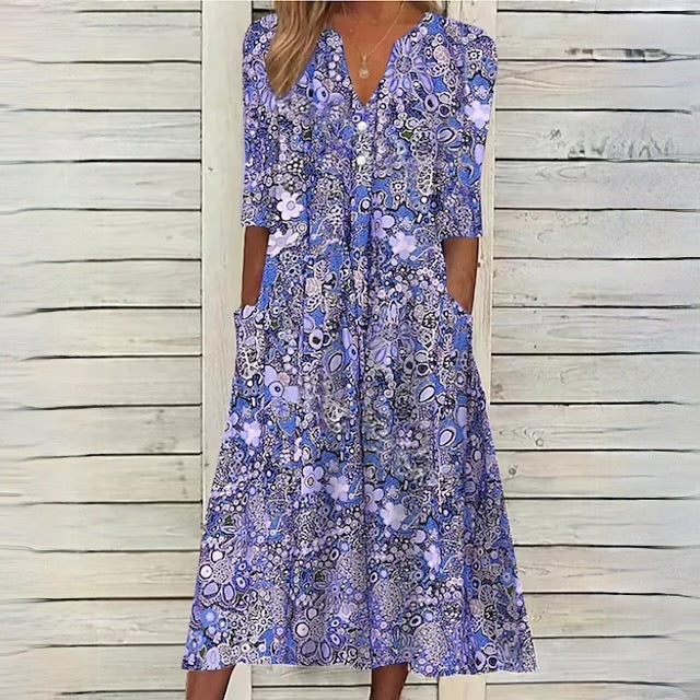 V-Neck Half Sleeve Side Pocket Relaxed A-Line Midi Dress - View 2