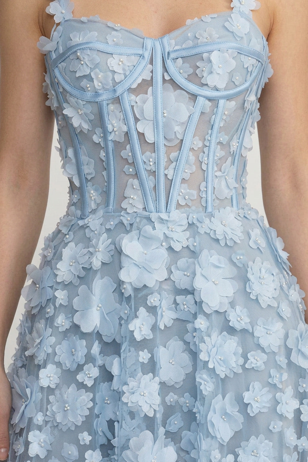 Floral Appliqué Maxi Dress With Corset Bodice - Blue - View 6
