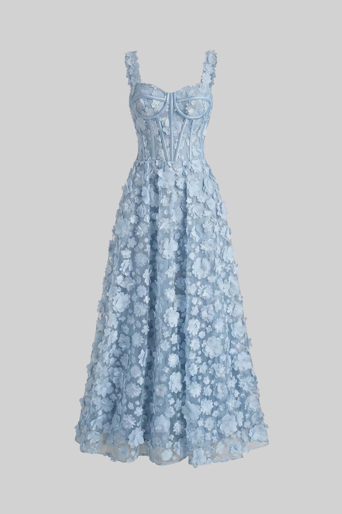 Floral Appliqué Maxi Dress With Corset Bodice - Blue - View 5