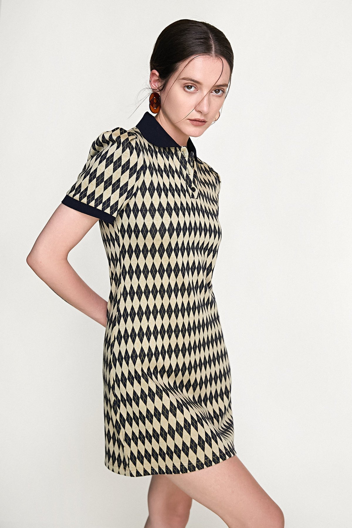 Argyle Knit Polo Collar Puff Sleeve Contrast Trim Mini Dress - View 3