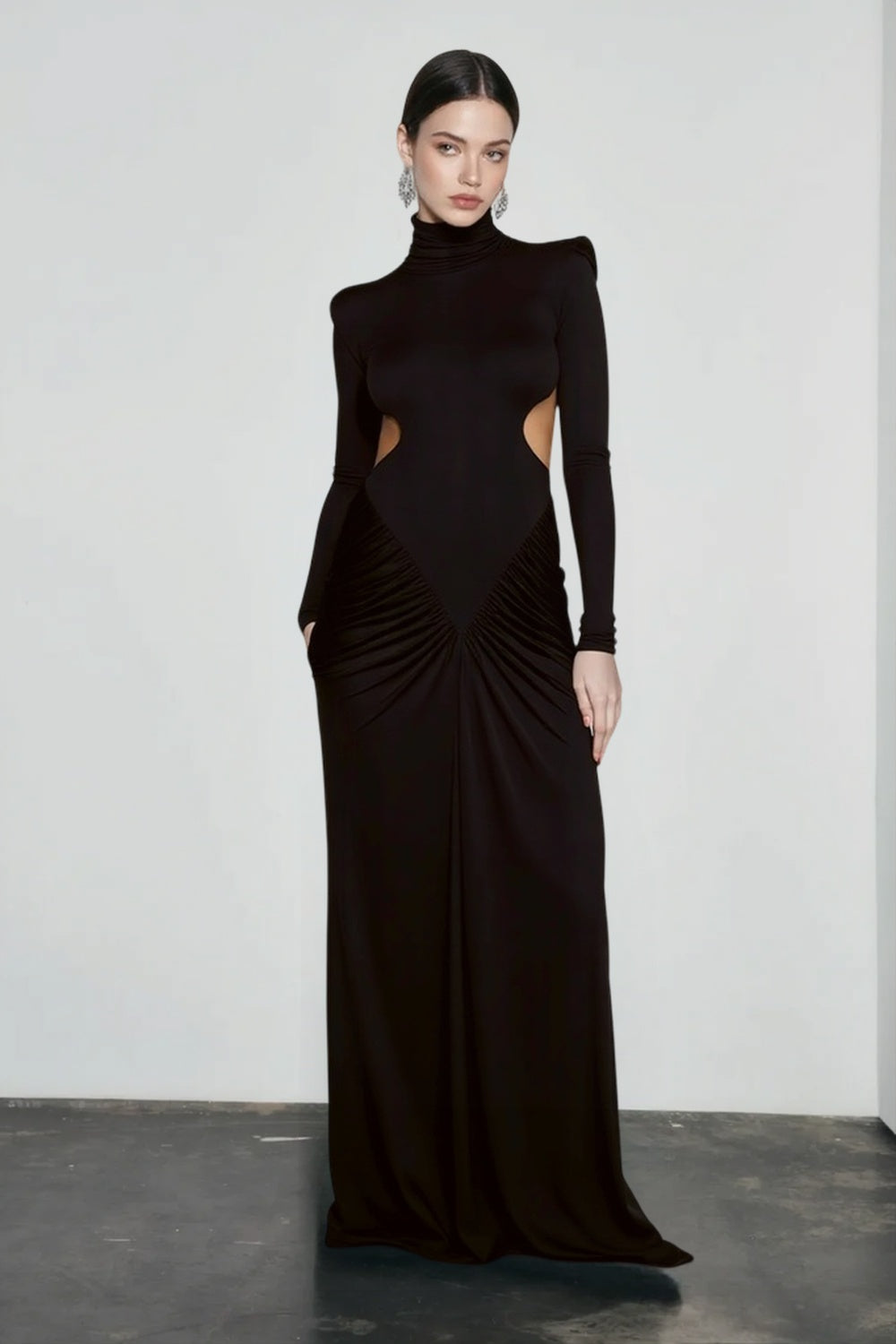 High Neck Long Sleeve Cut Out Ruched Mermaid Gown - View 4