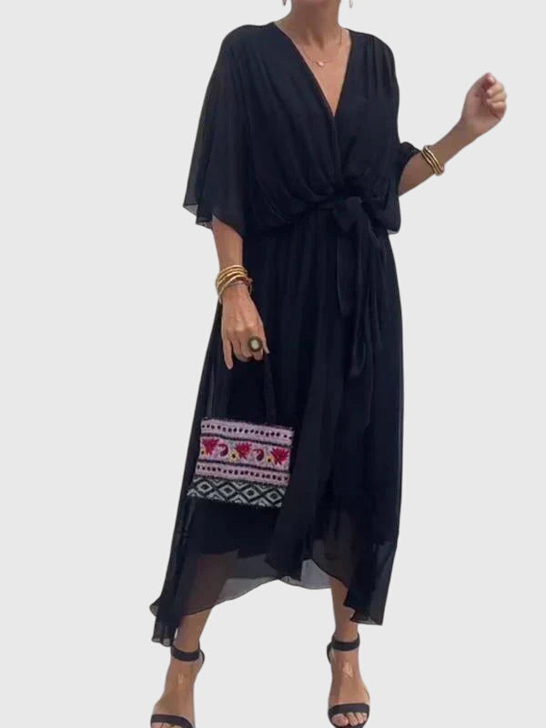 Chiffon V-Neck Batwing Sleeve Belted High Low Midi Dress 2