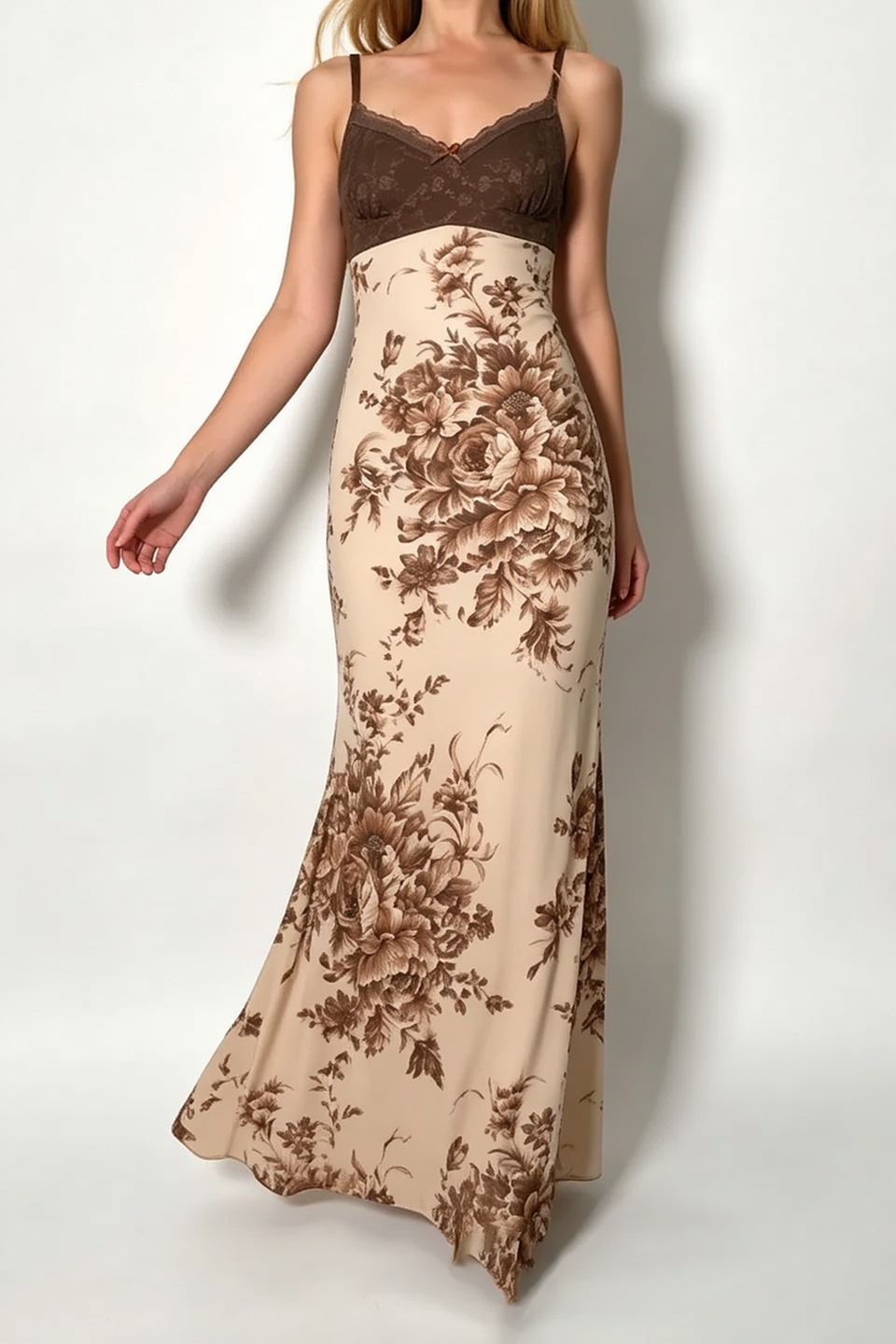Floral Lace Bustier Spaghetti Strap Mermaid Maxi Dress - View 3
