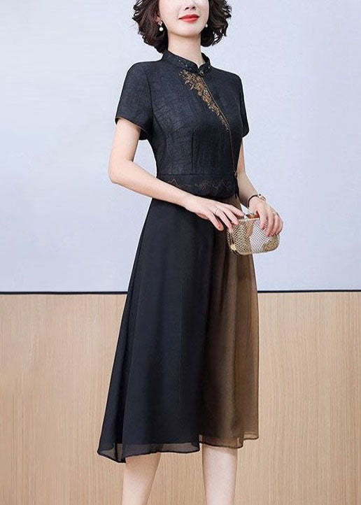 Mandarin Collar Floral Embroidery Asymmetrical Pleated Midi Dress - View 4