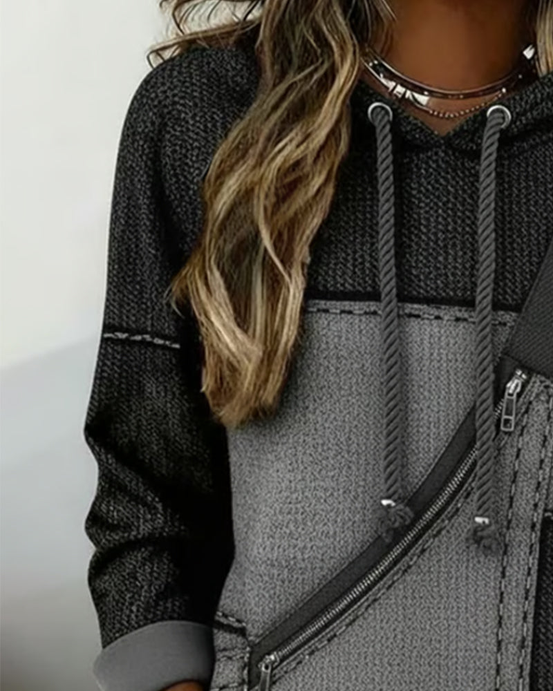 Hooded Colorblock Diagonal Zip Drawstring Sweatshirt 3