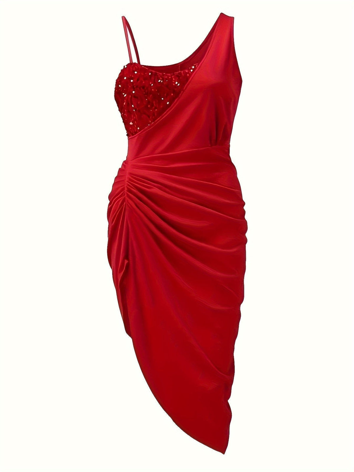 One Shoulder Sequin Panel Ruched Wrap Tulip Hem Cocktail Midi Dress - View 3