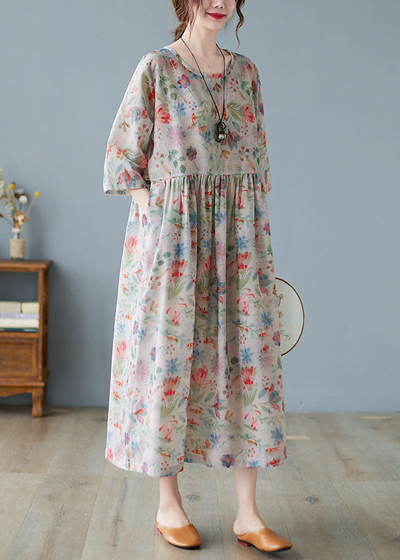 Watercolor Floral Print Round Neck Half Sleeve Maxi Dress - View 3