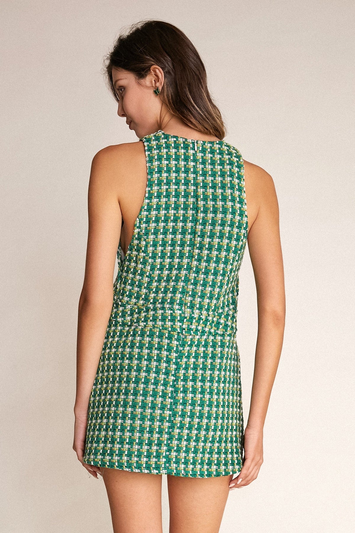 Checkered Plaid Tweed Sleeveless Mini Dress - View 3