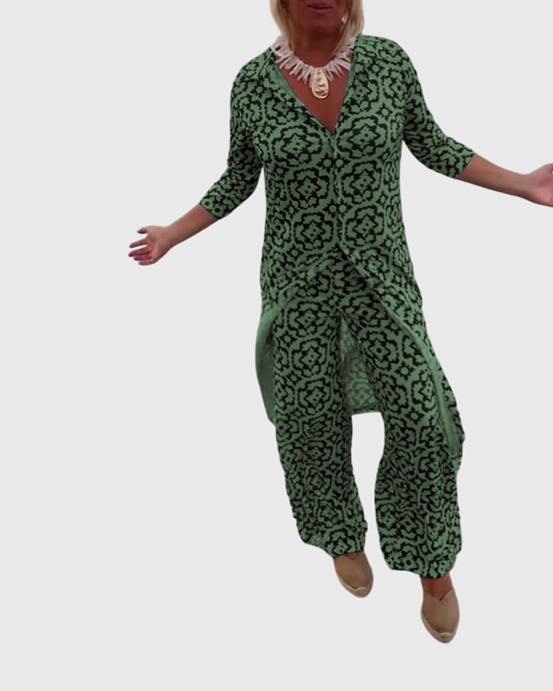 Medallion Print Collared Half Sleeve Tunic and Wide Leg Pants Two Piece Set 5