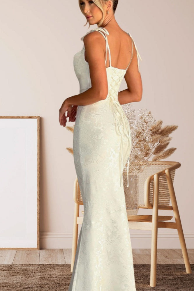 Square Neck Tie Strap Jacquard Mermaid Maxi Dress 10