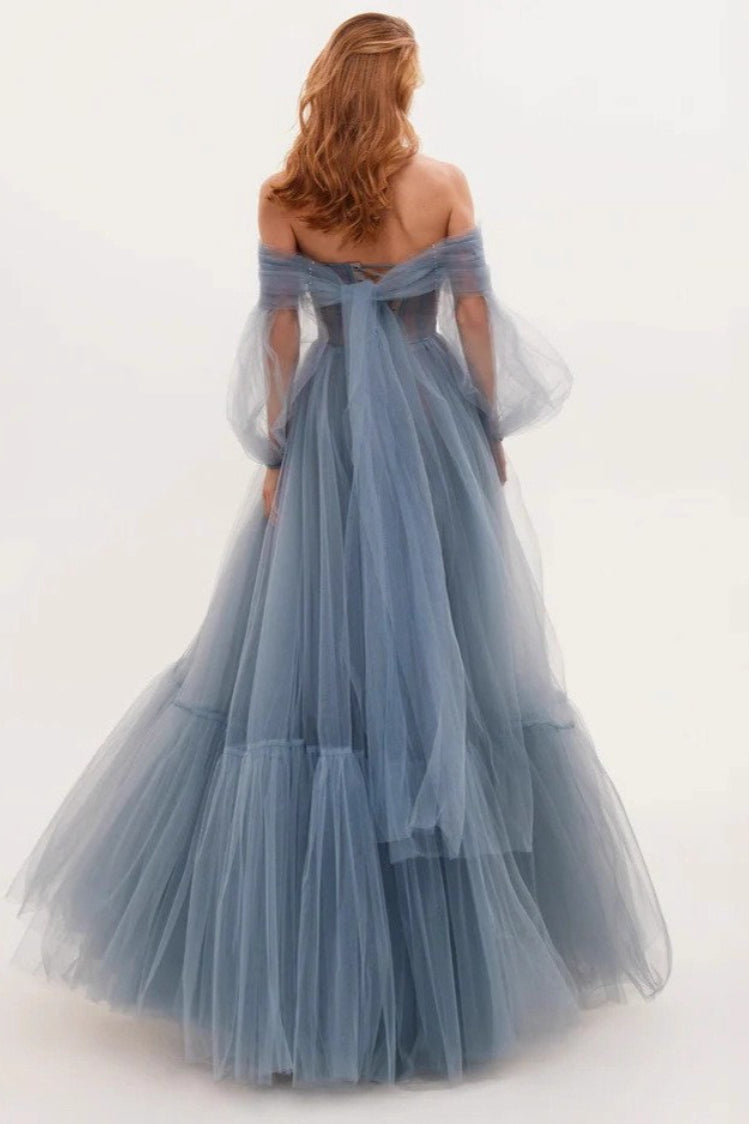 Tulle Off Shoulder Long Sleeve Corset A-Line Maxi Gown - View 2