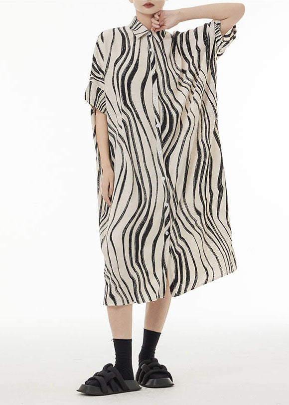 Oversized Button Front Short Sleeve Abstract Stripe Shirt Midi Dress - View 2