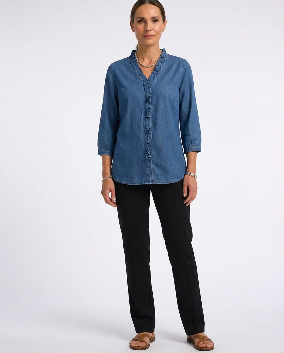 Ruffle Placket Stand Collar 3/4 Sleeve Denim Blouse