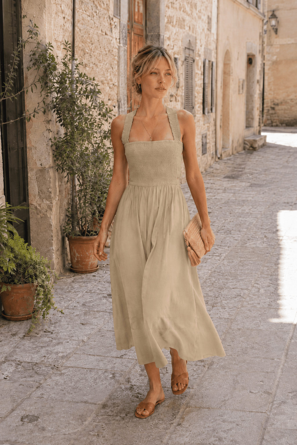 Square Neck Smocked Cross Back Sleeveless A-Line Midi Dress 4
