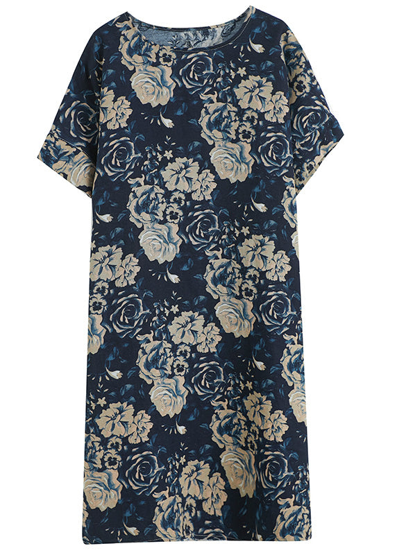 Floral Rose Print Drop Shoulder Short Sleeve Midi Shift Dress - View 5