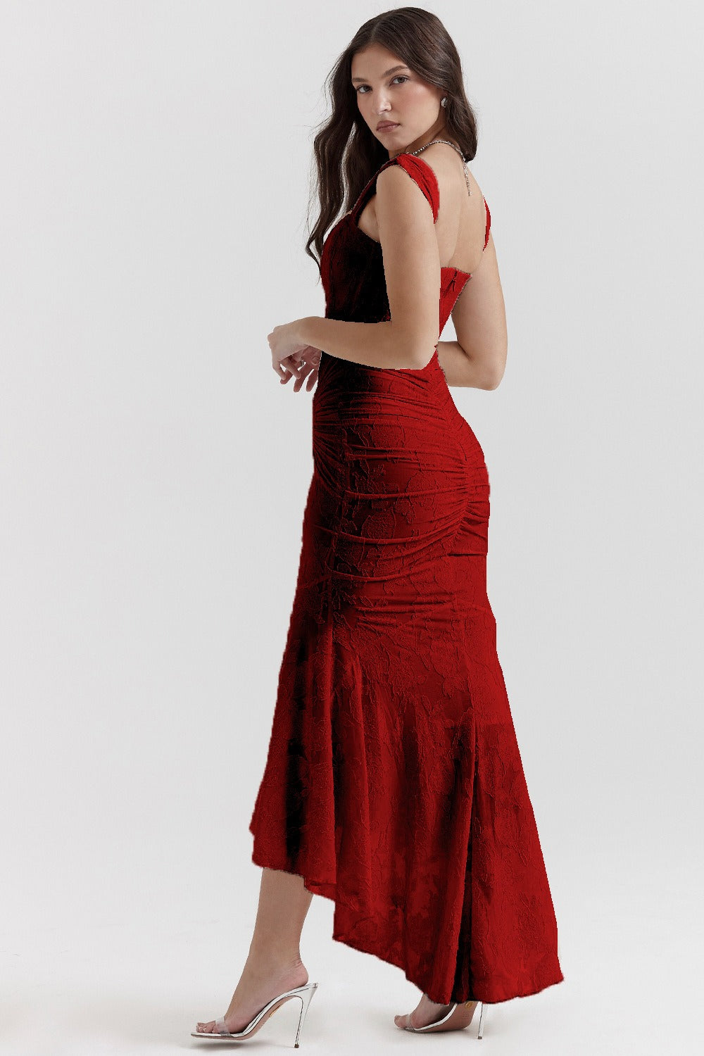 Jacquard Square Neck Corset Ruched Mermaid Gown - View 12