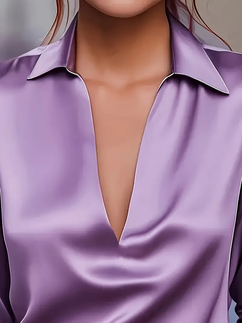 Collared Deep V-Neck Long Sleeve Satin Blouse 32