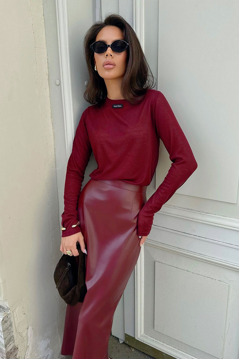 Anchor Red High Waist Slit Pencil Skirt