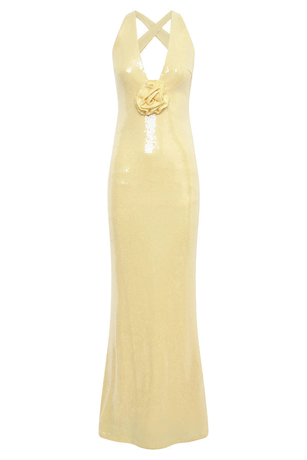 Sequin Halter Neck Floral Applique Backless Mermaid Maxi Dress - View 10