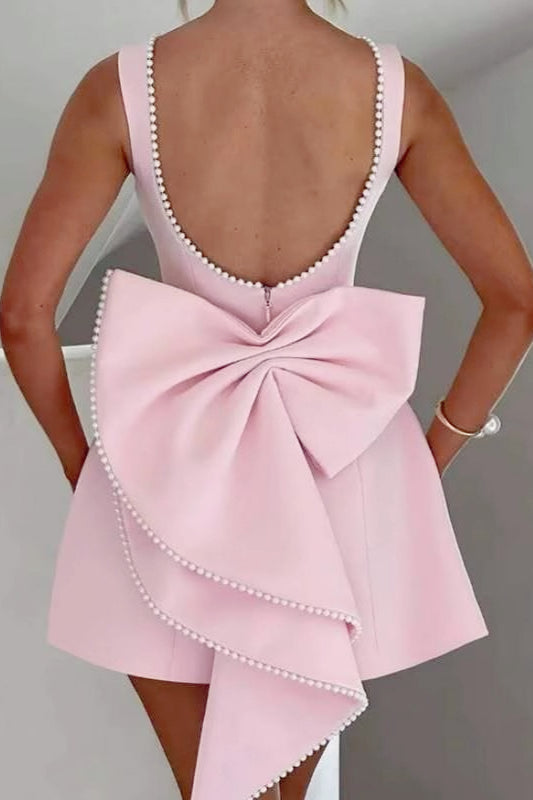 Pearl Trim Boat Neck Bow Back Fit and Flare Mini Dress - View 3
