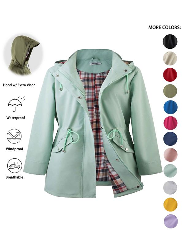 Hooded Zip Front Drawstring Waist Rain Jacket 7