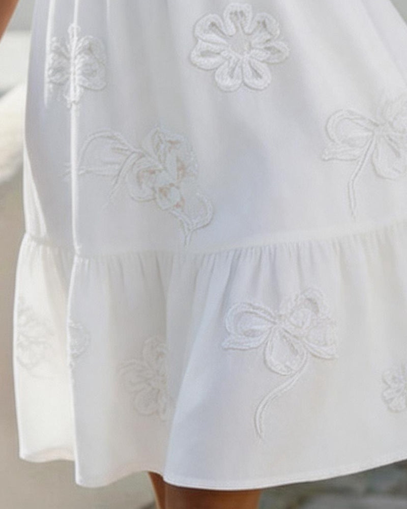 Floral Embroidered Ruffle Neck Puff Sleeve Tiered Midi Dress 3