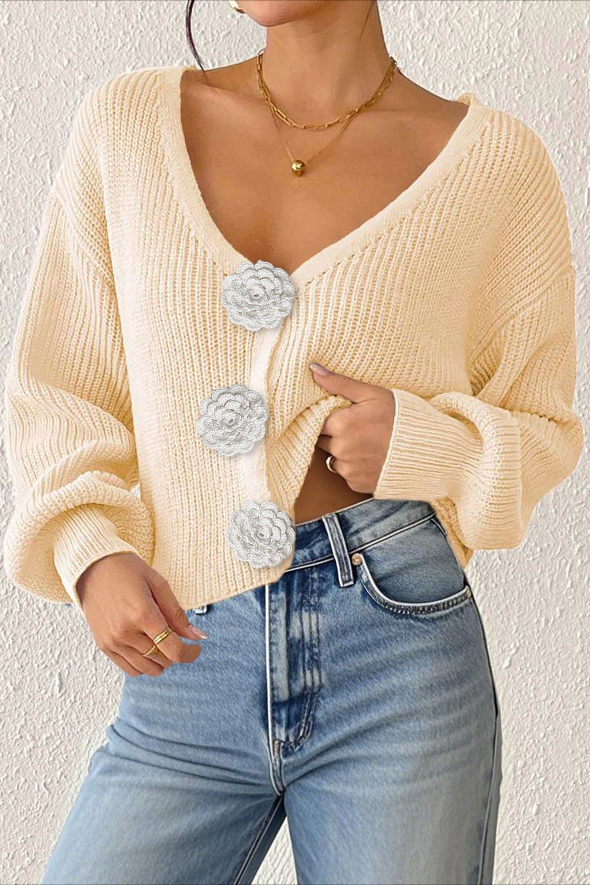 Button Front Crochet Knit Crop Sweater