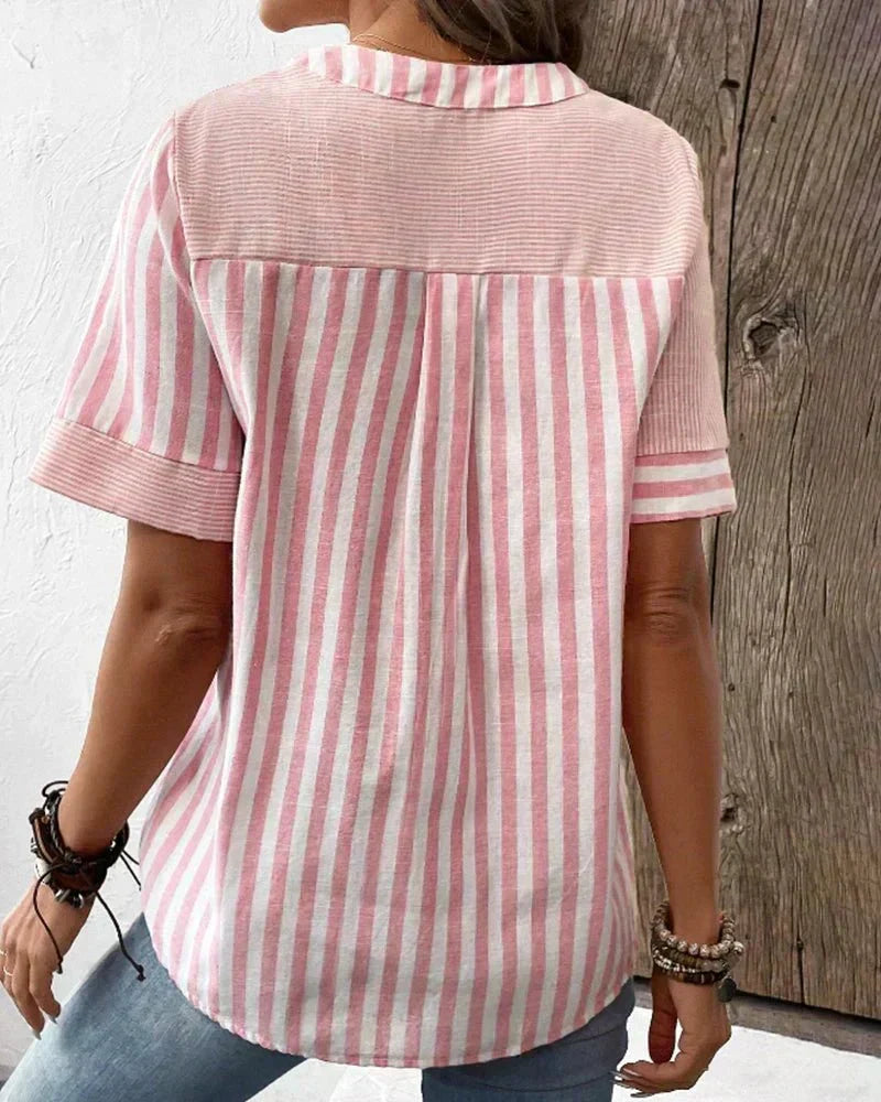 Striped Colorblock Notch Neck Button Short Sleeve Blouse 4