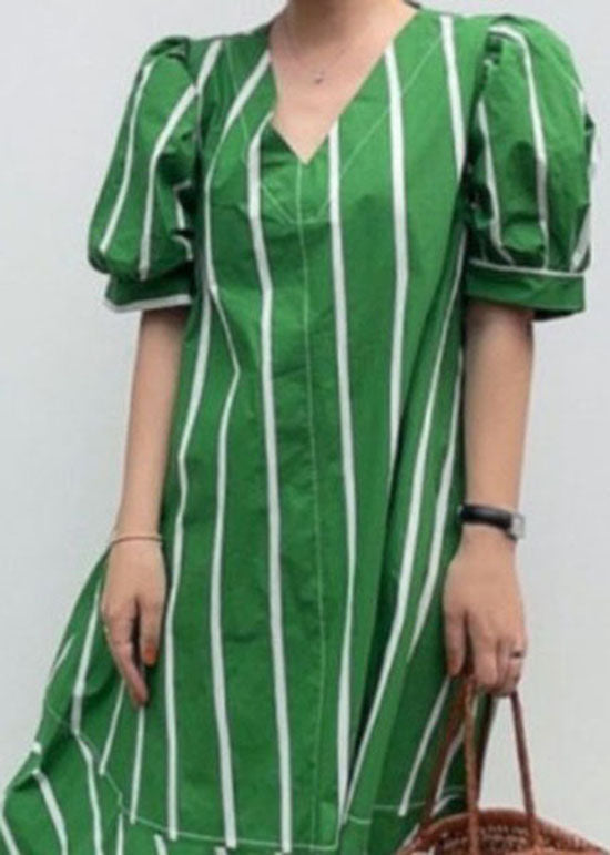 Striped V-Neck Puff Sleeve Tiered Flounce A-Line Maxi Dress - View 5