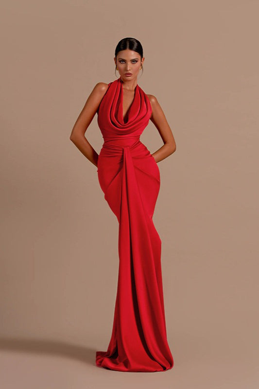Satin Cowl Neck Halter Ruched Wrap Mermaid Maxi Dress - View 4