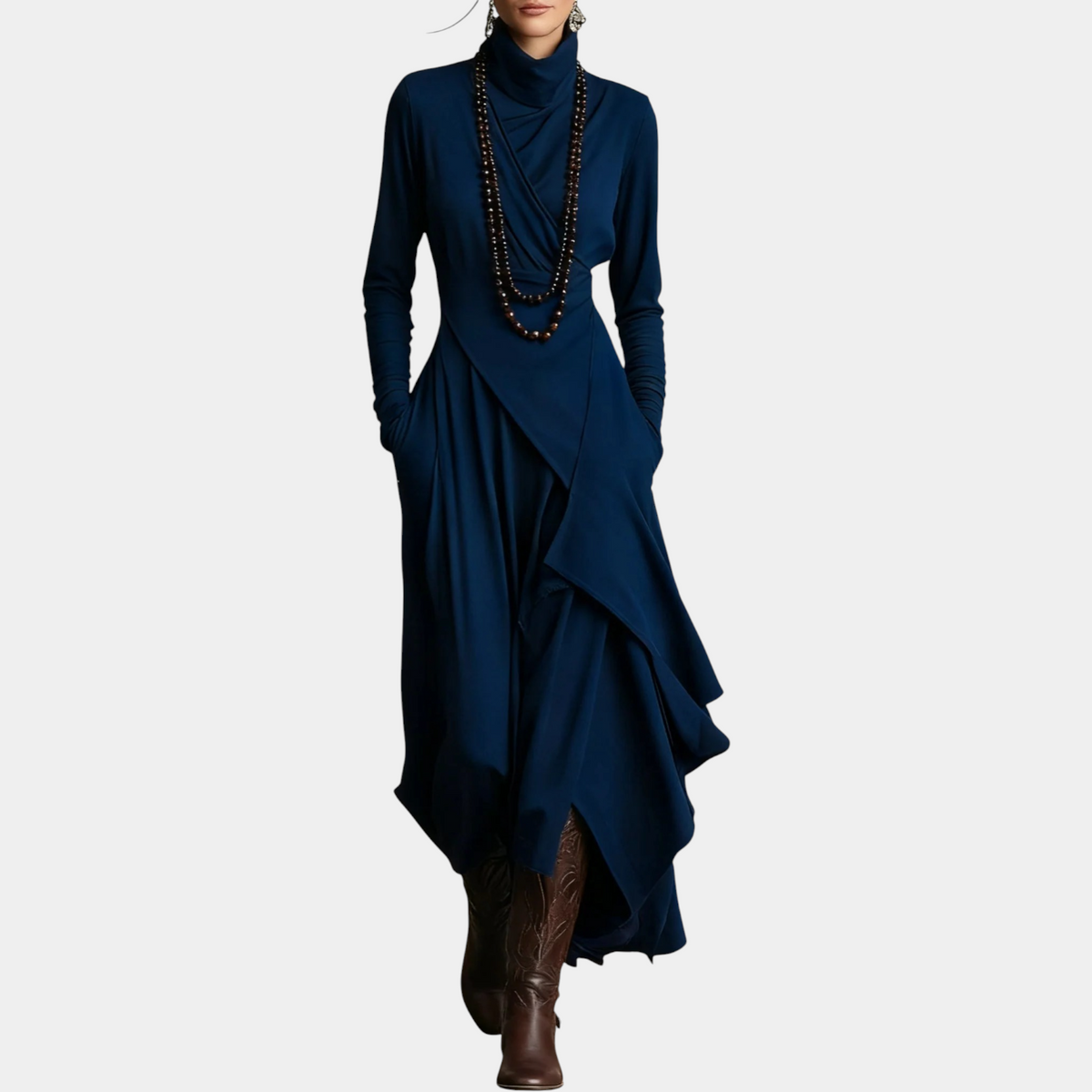 Turtleneck Long Sleeve Asymmetric Draped Maxi Dress 5