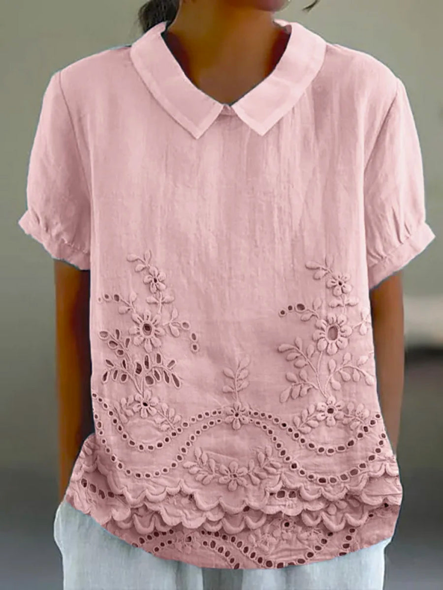 Collared Short Sleeve Eyelet Embroidered Scalloped Hem Blouse 2
