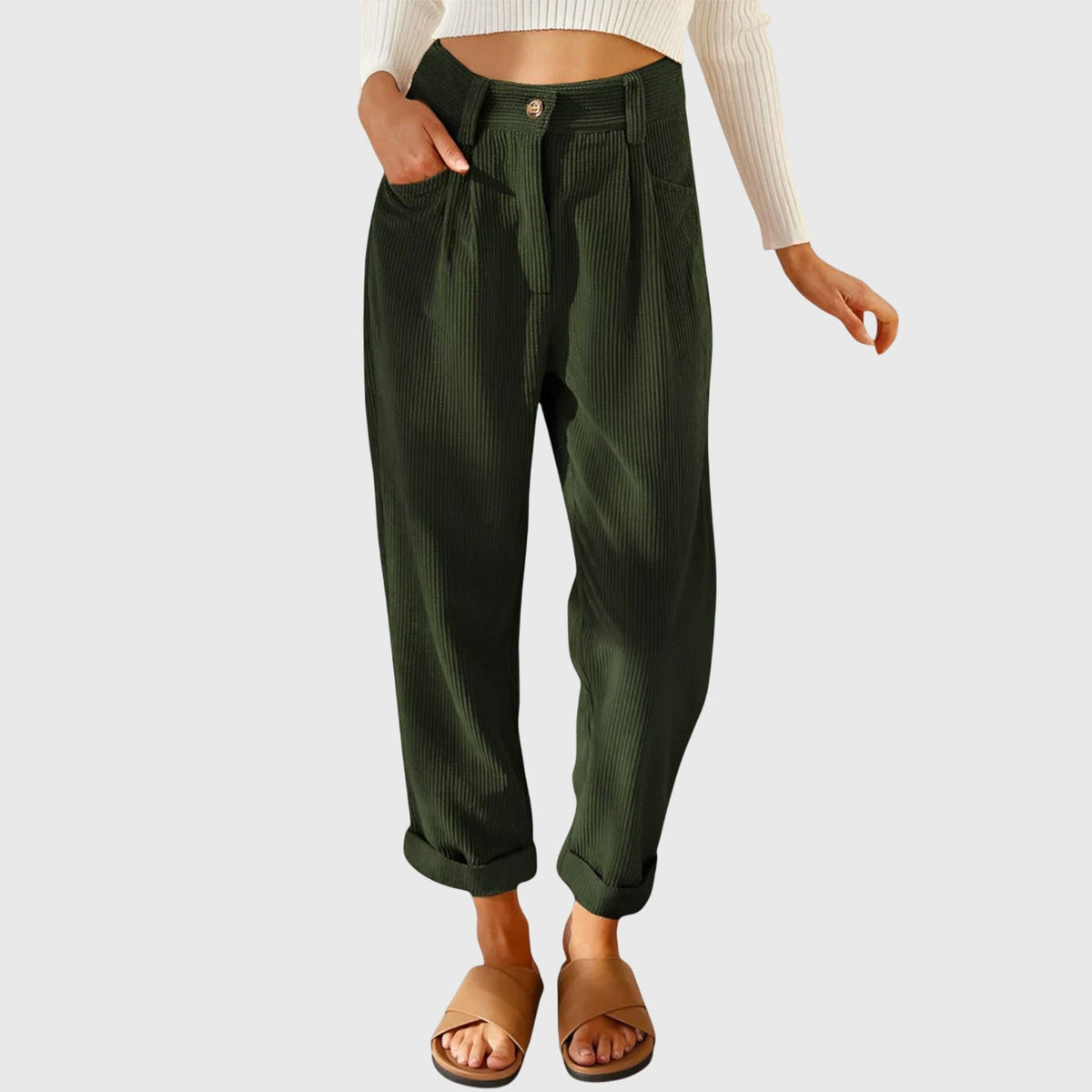 High Waist Pleated Corduroy Tapered Pants 3