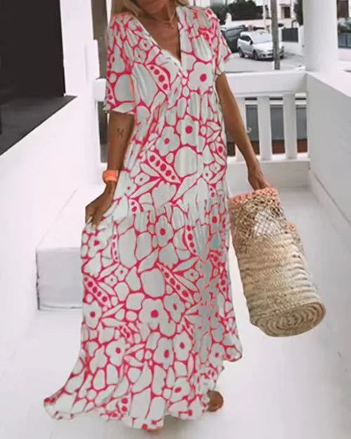 Floral Print V-Neck Short Sleeve Tiered Ruffle Maxi Summer Dress - View 2