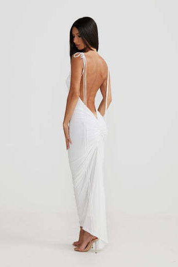 Cowl Neck Spaghetti Strap Backless Ruched Bodycon Maxi Dress - View 6