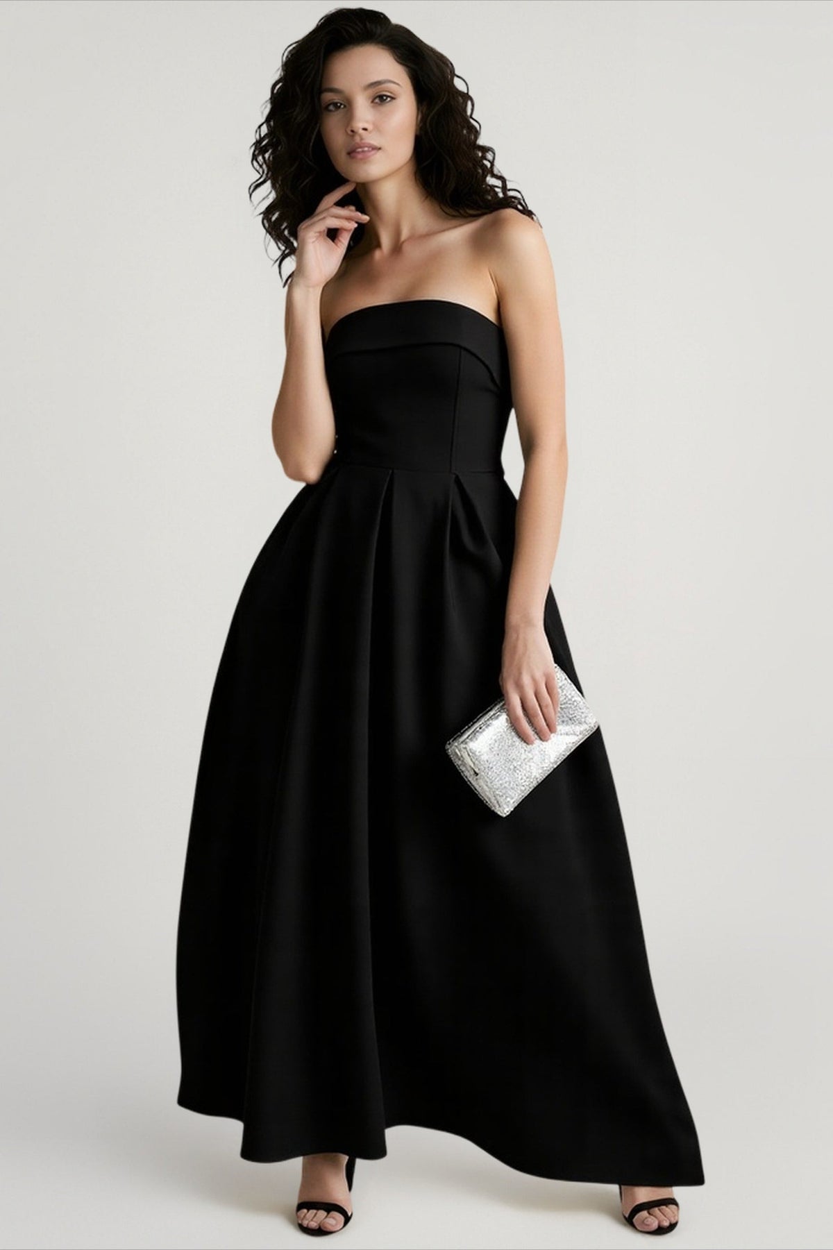 Strapless Fold Over Neck Pleated Fit and Flare Midi Cocktail Dress - View 12