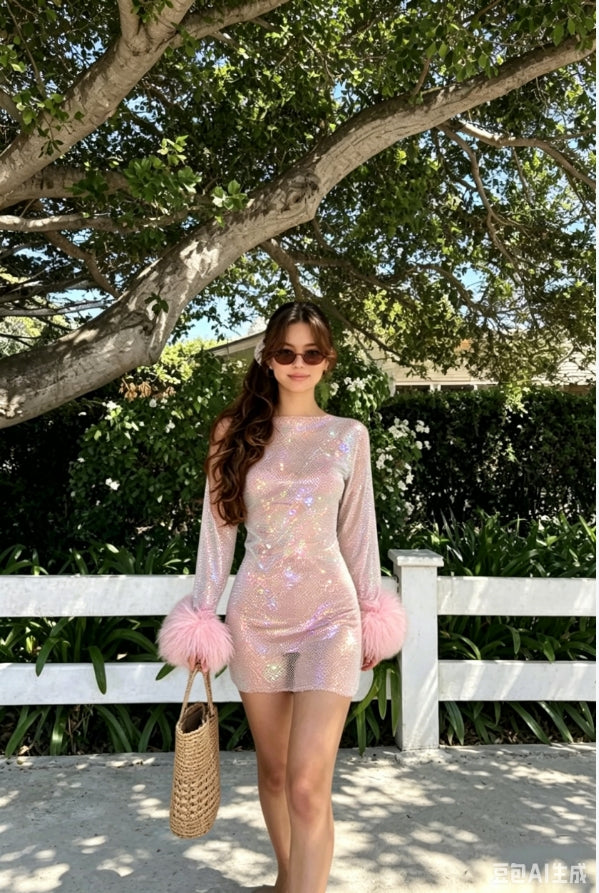 Sequin Mesh Long Sleeve Faux Fur Cuff Bodycon Mini Cocktail Dress