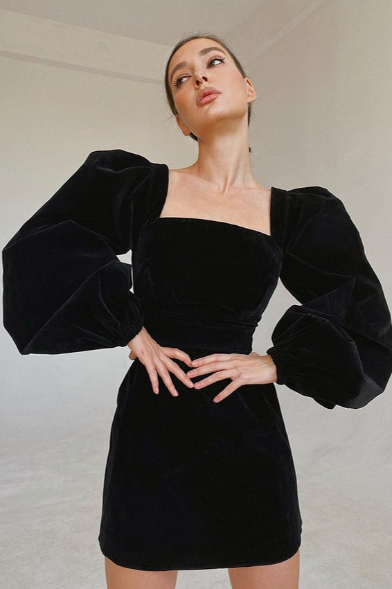 Vintage Puff Sleeve Velvet Black Mini Dress