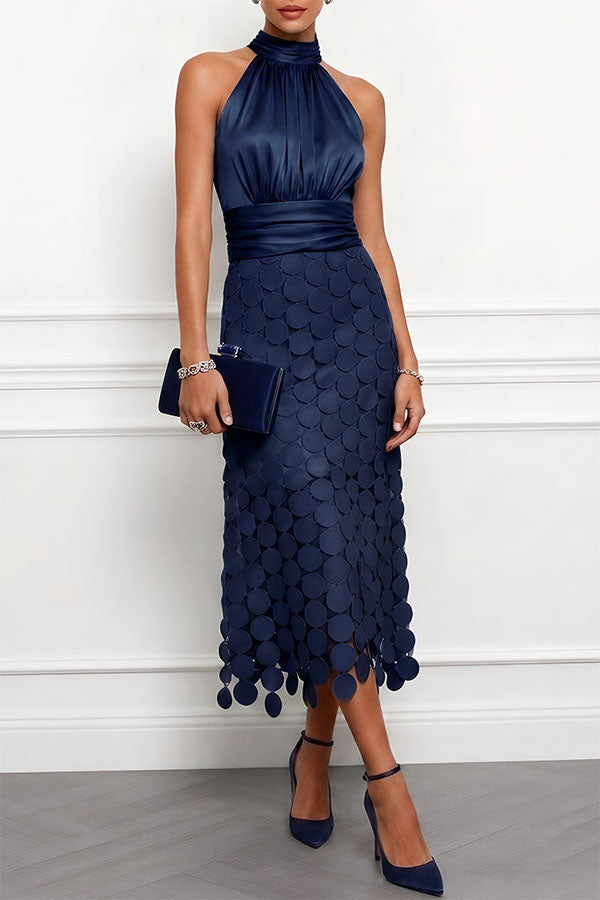 Halter Neck Satin Bodice Disc Paillette Midi Dress 4