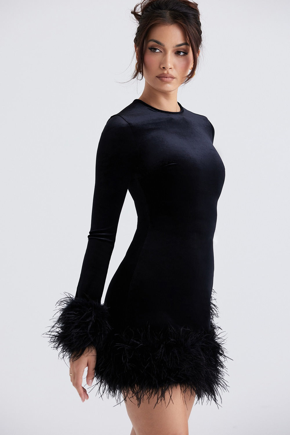 Velvet Long Sleeve Feather Cuff Hem Bodycon Cocktail Mini Dress - View 3