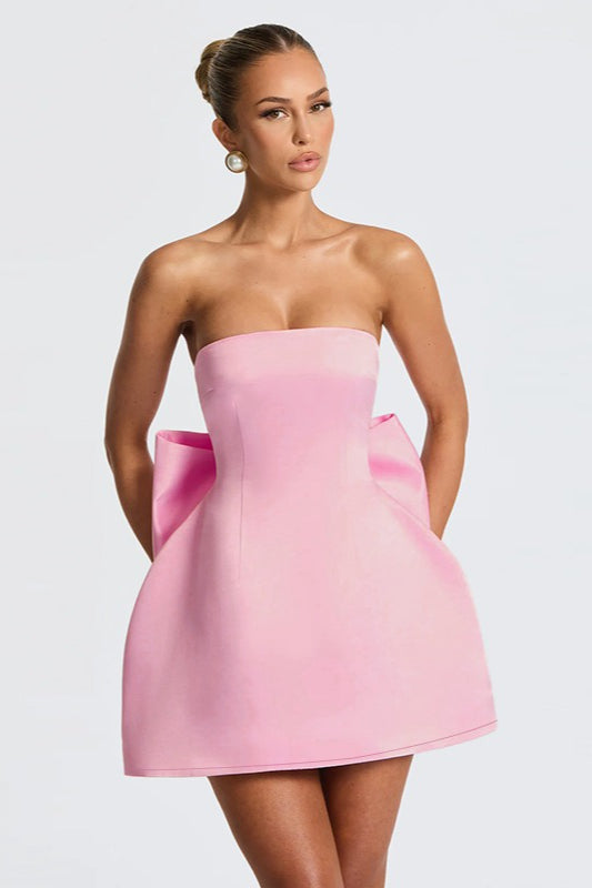 Strapless Satin Bow Back Fit and Flare Mini Party Dress - View 3