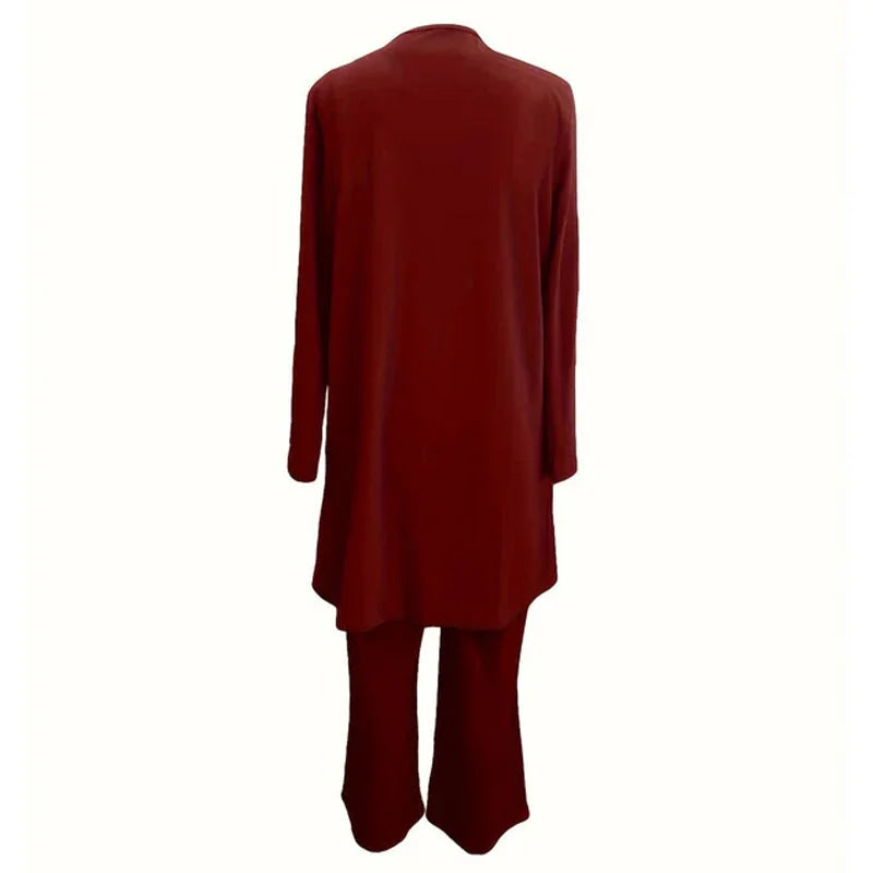 Round Neck Top Open Front Duster and Wide Leg Pants Three Piece Set 7